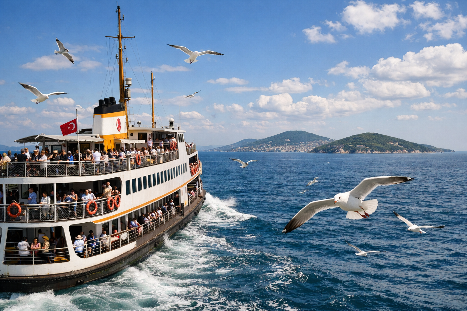 Istanbul adalarina giden feribot ve deniz manzarasi