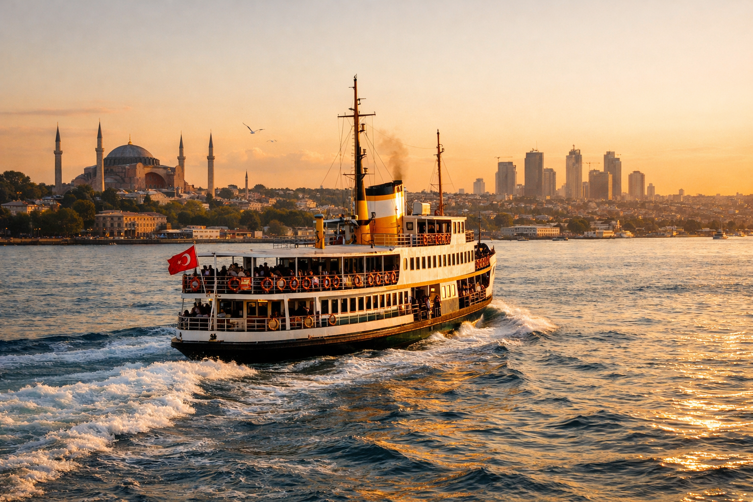 Istanbul Bogazinda seyreden vapur ve sehir silueti