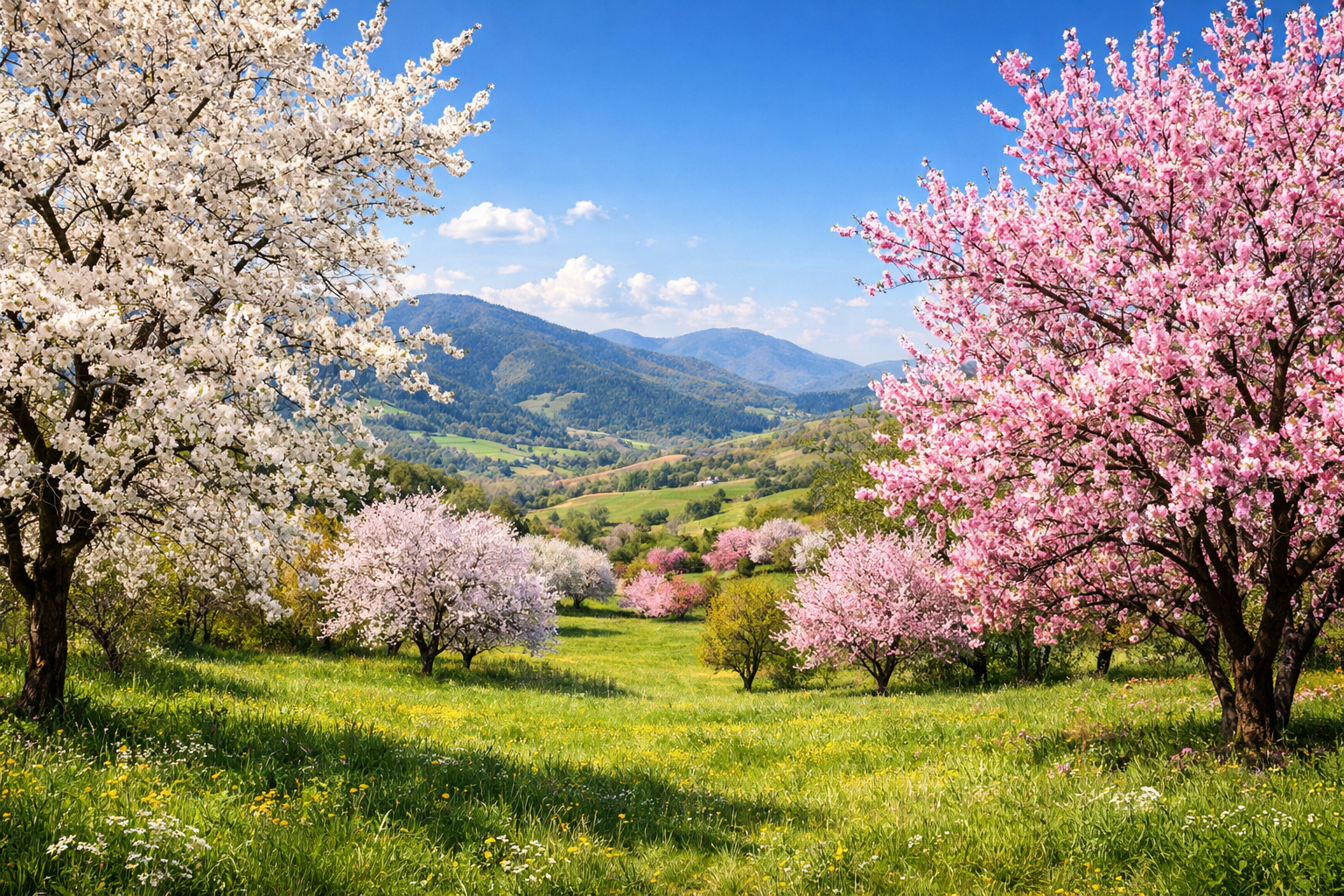 Ilkbaharda cicek acan agaclar ve yesil doga