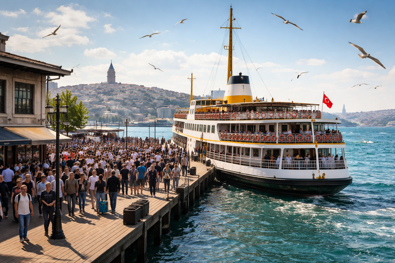 Istanbul iskelesinde bekleyen vapur ve yolcular